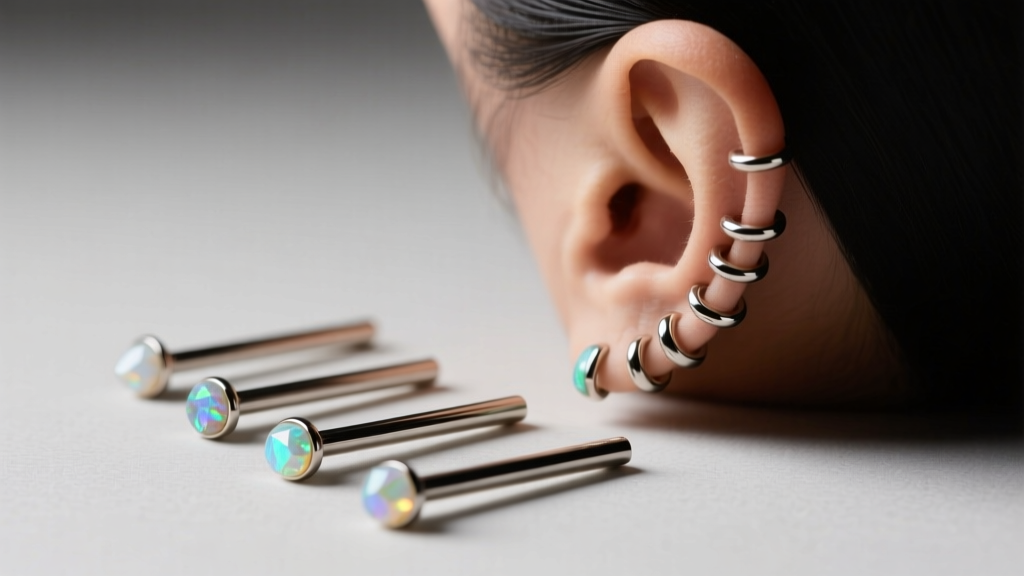 Side profile of a curated ear stack with 16-gauge titanium threadless jewelry, raw opal ends, and soft studio lighting