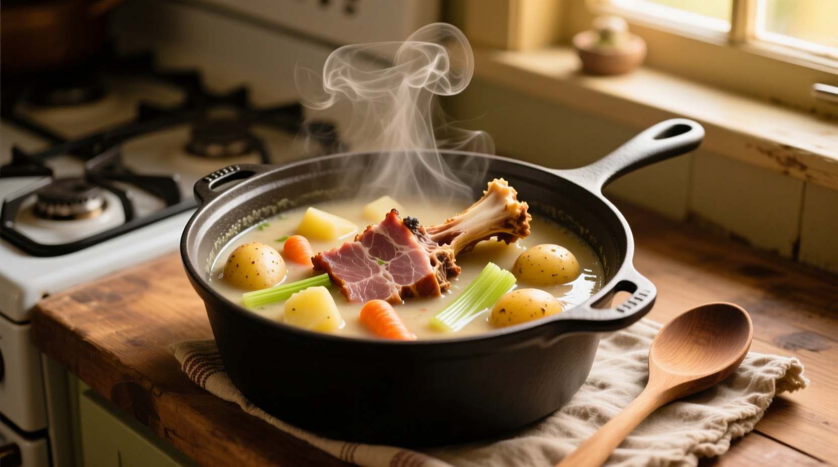 hearty ham and potato soup made with a ham bone