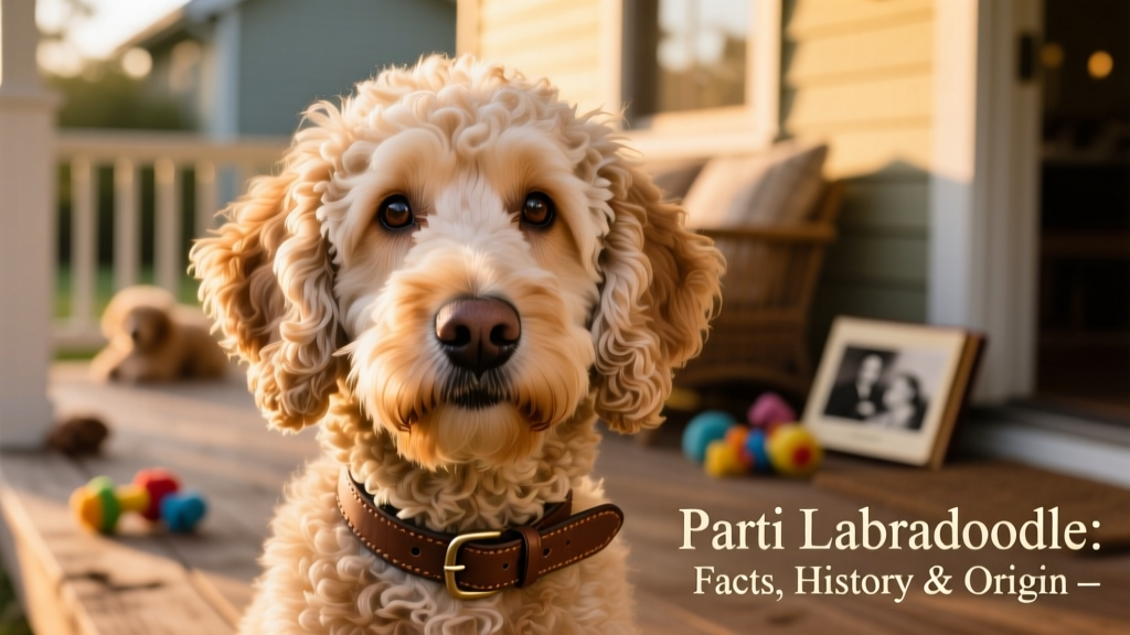 A close-up portrait of a calm, expressive Parti Labradoodle with gentle eyes and soft, curly fur