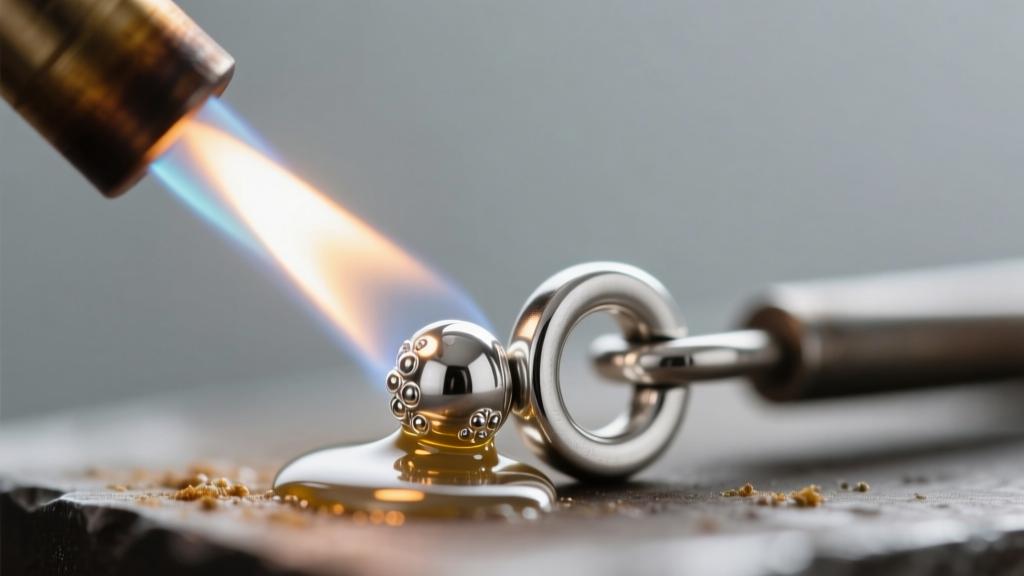 Close-up of a butane micro-torch heating a sterling silver bail, with a bead of medium silver solder melting into the fluxed joint.