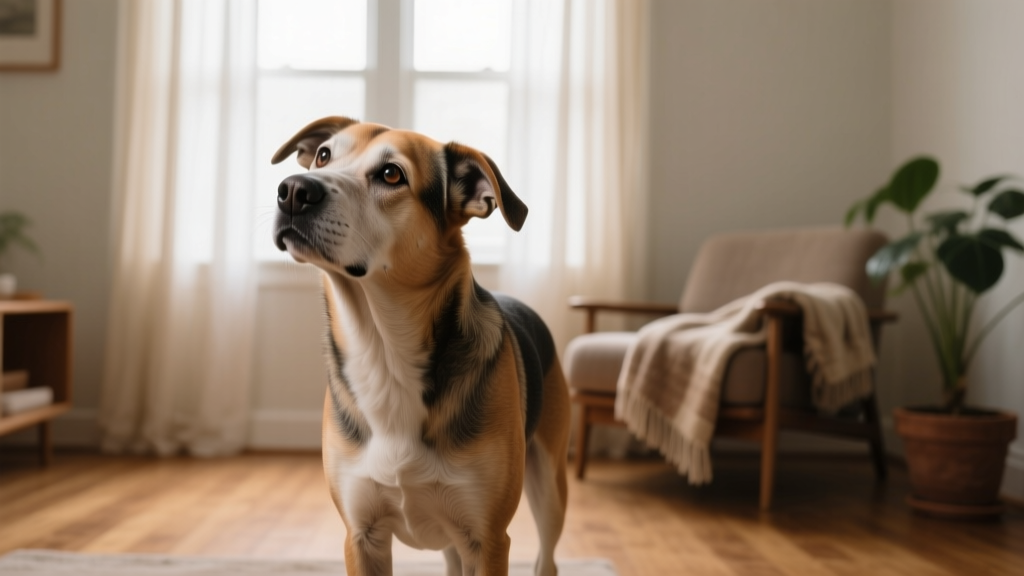 Senior dog with noticeable head tilt, standing unsteadily but alert, in a quiet indoor setting