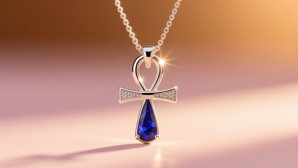 Sterling silver ankh necklace with lapis lazuli inlay, photographed in golden hour sunlight against a softly blurred background.