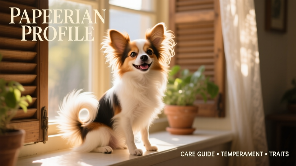 A smiling Paperanian sitting on a sunlit windowsill, showcasing its feathery ears and fluffy tail curled over its back