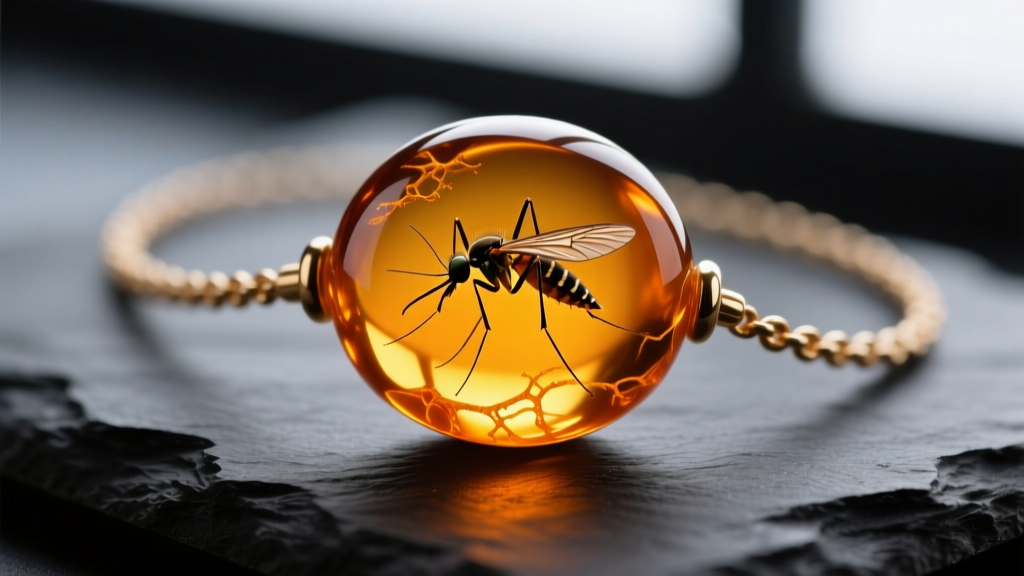 Macro shot of polished copal necklace bead with preserved mosquito on dark slate, highlighting golden-orange resin translucency.