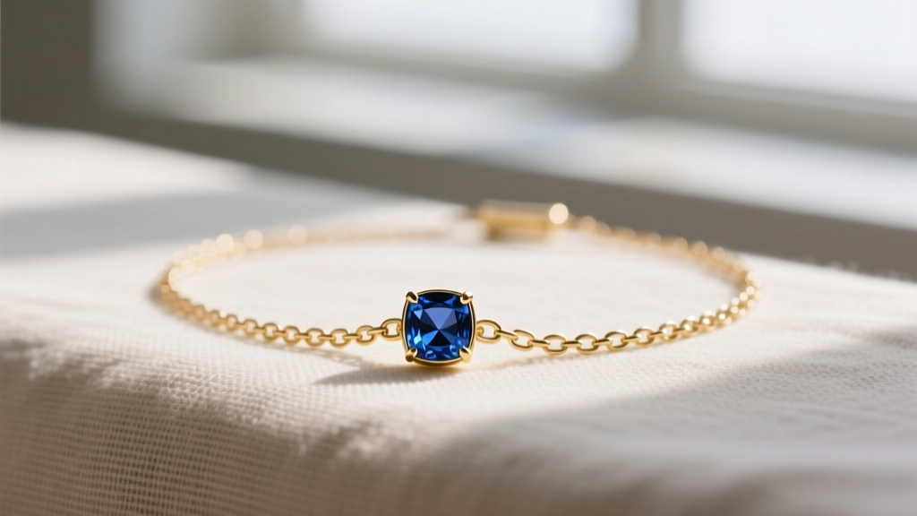 Macro photo of a delicate gold satellite chain with a mini bezel-set sapphire Elisa pendant resting on a neutral linen backdrop