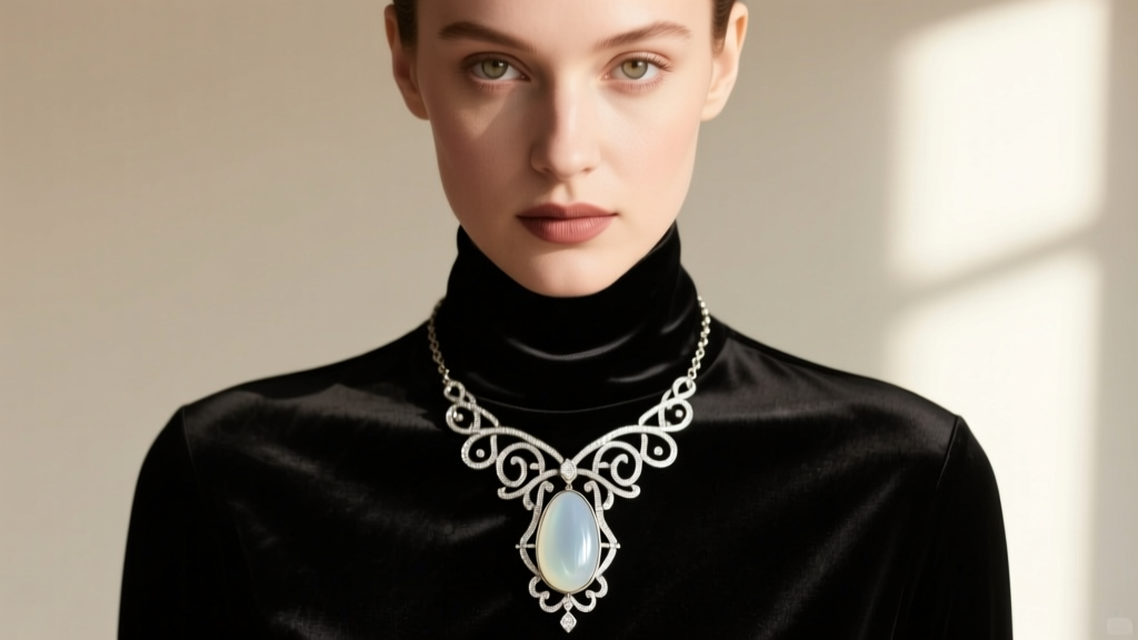 Chest-up shot of a woman wearing an Art Deco milk glass pendant necklace with silver filigree over a black silk turtleneck top.