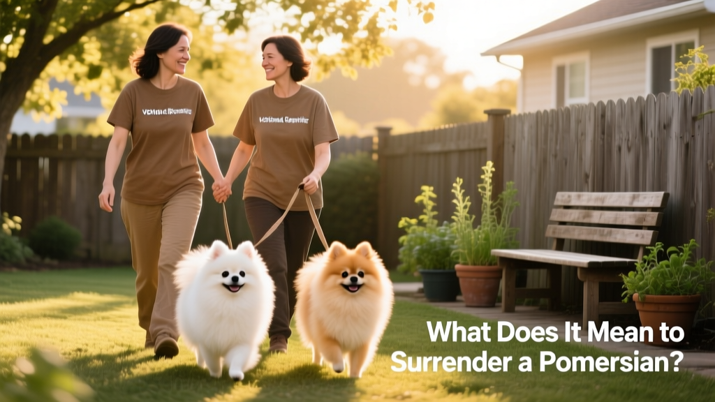 Two volunteers gently walking Pomeranians in a sunny, fenced backyard