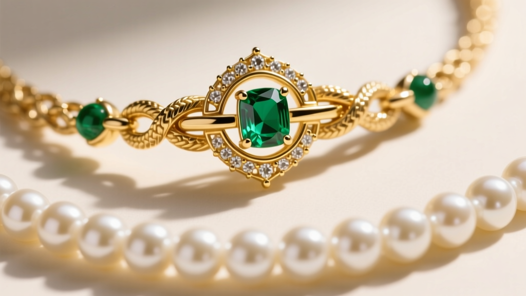 Detailed view of an 18k yellow gold ball clasp with a prong-set Colombian emerald accent on a knotted pearl emerald necklace.