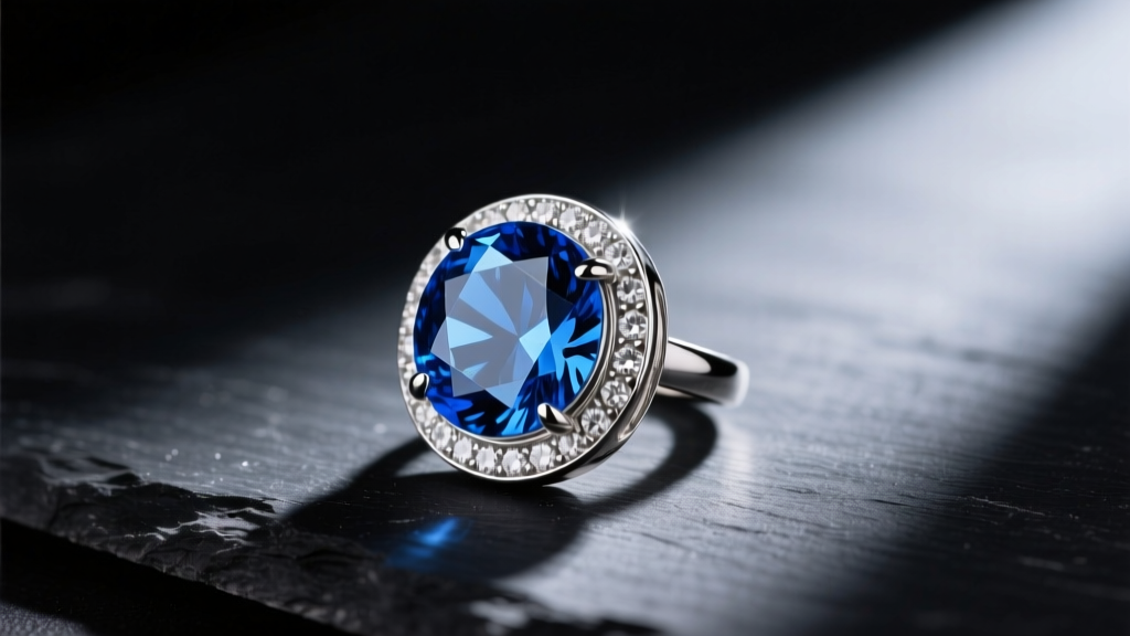 Side profile of a bezel-set Swiss blue topaz pendant in sterling silver, resting on dark slate to highlight its deep blue hue.