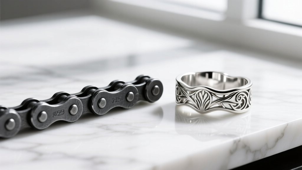 Macro view comparing a thick carbon steel bike chain and a delicate 925 sterling silver cast replica on a white marble slab.