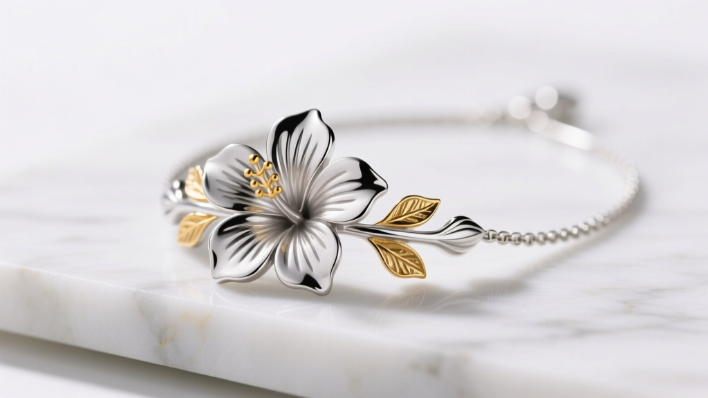 Side view of a sterling silver hibiscus necklace with gold vermeil, resting on white marble under soft, diffused studio lighting.