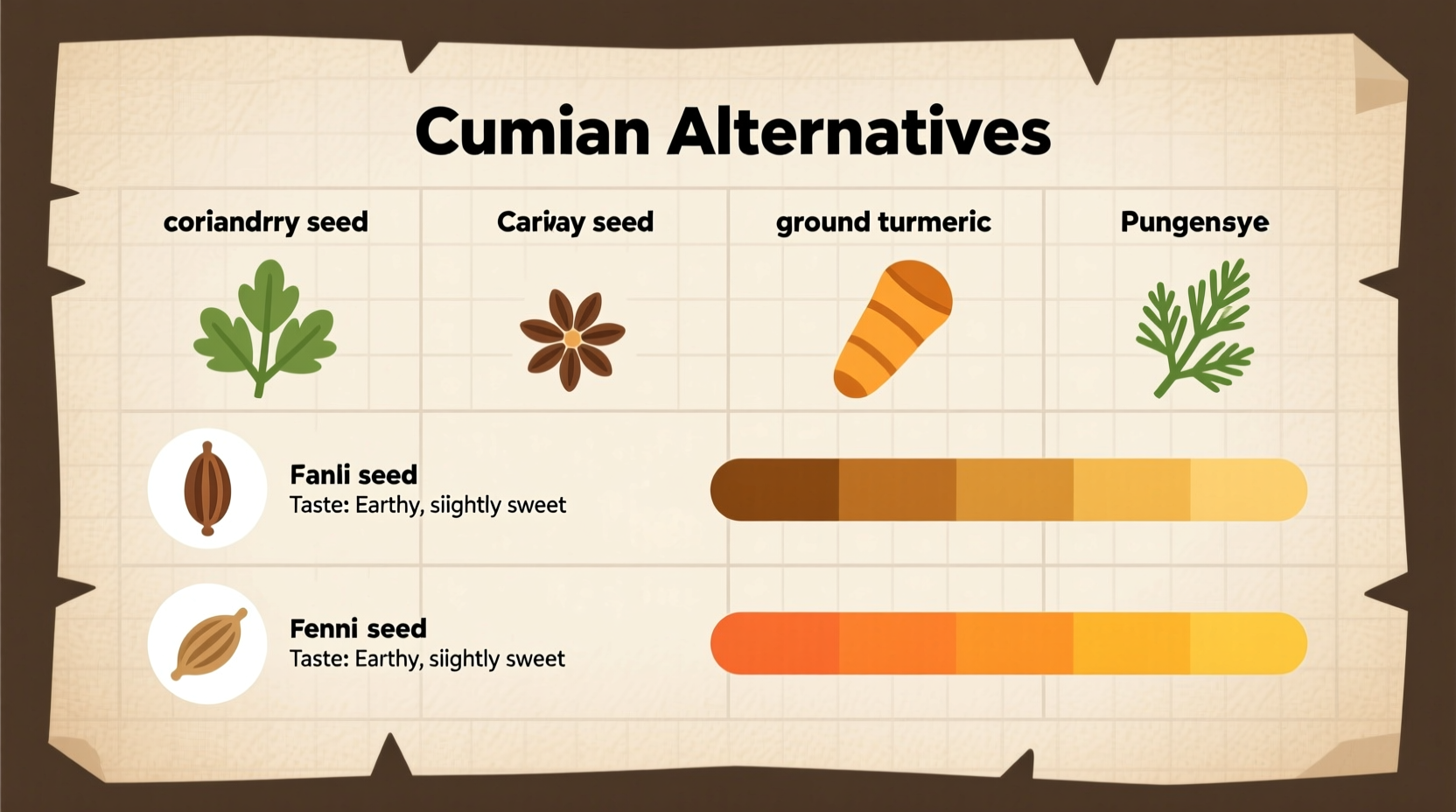 Spice substitution comparison chart with cumin alternatives