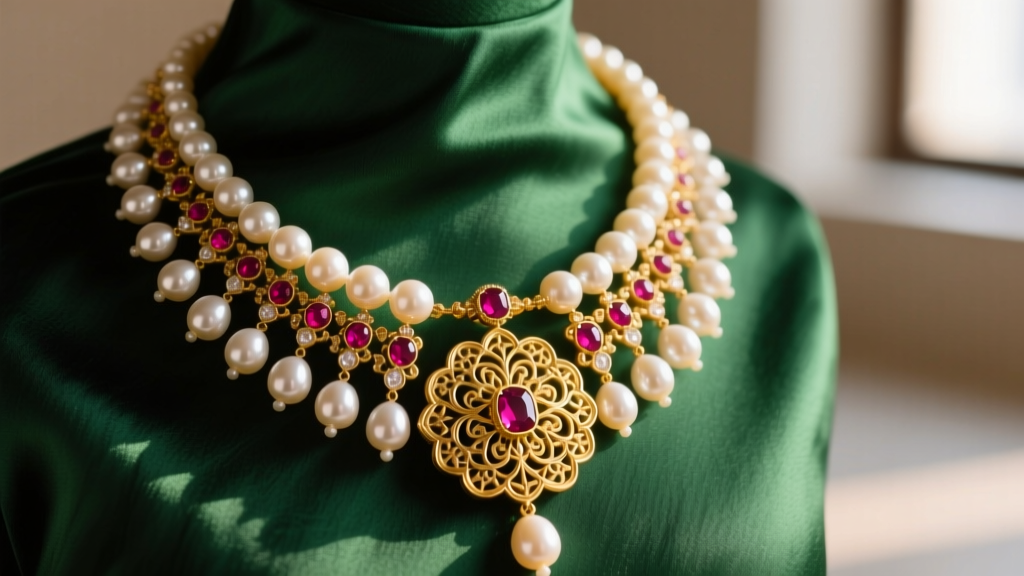Close-up of a gutta pusalu necklace with clustered pearls, ruby accents, and a gold pendant on green silk.