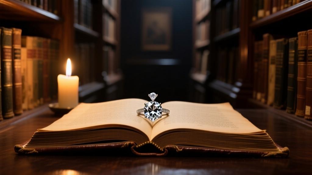 Vintage diamond solitaire pendant resting on an open antique book, illuminated by warm candlelight in a dark, moody library.