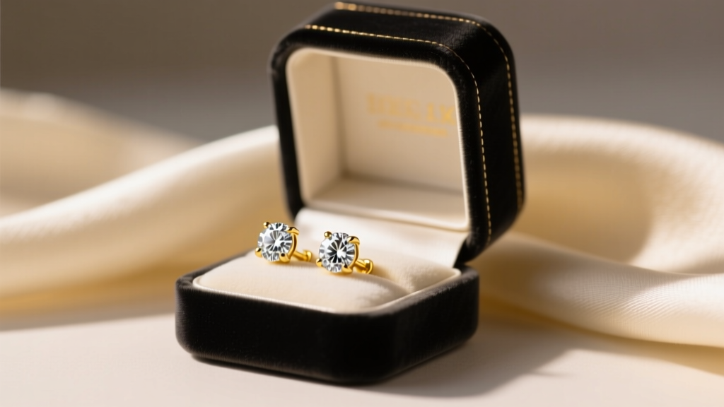 Elegant velvet ring box revealing 5mm round brilliant diamond stud earrings in 14k yellow gold, resting on a cream silk scarf.