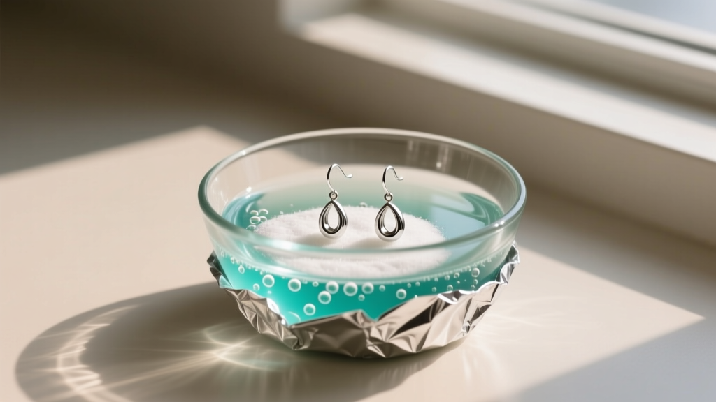Small glass bowl containing an aluminum foil electrochemical cleaning bath with baking soda and a pair of silver drop earrings.