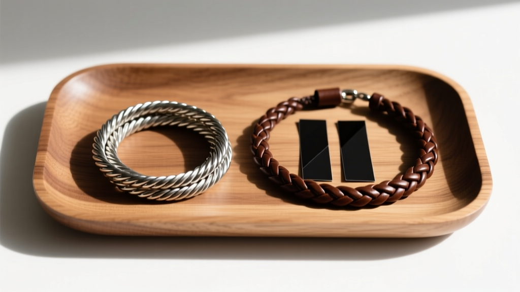 Minimalist wooden tray holding a neatly coiled titanium rope chain and braided leather necklace next to dark anti-tarnish strips.