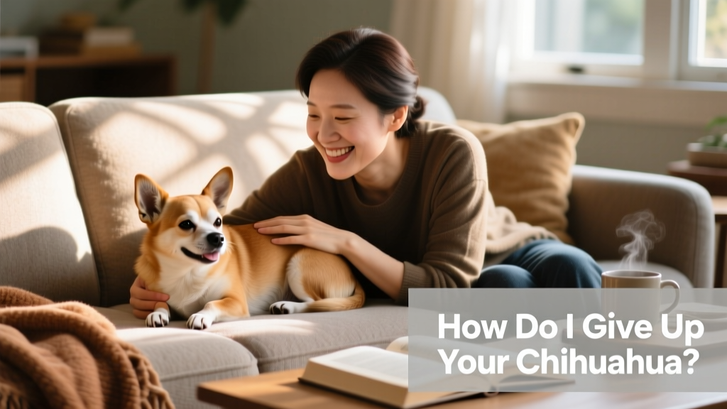 A happy Chihuahua curled up beside a new owner on a cozy couch, both relaxed and content—representing a successful, loving rehoming outcome