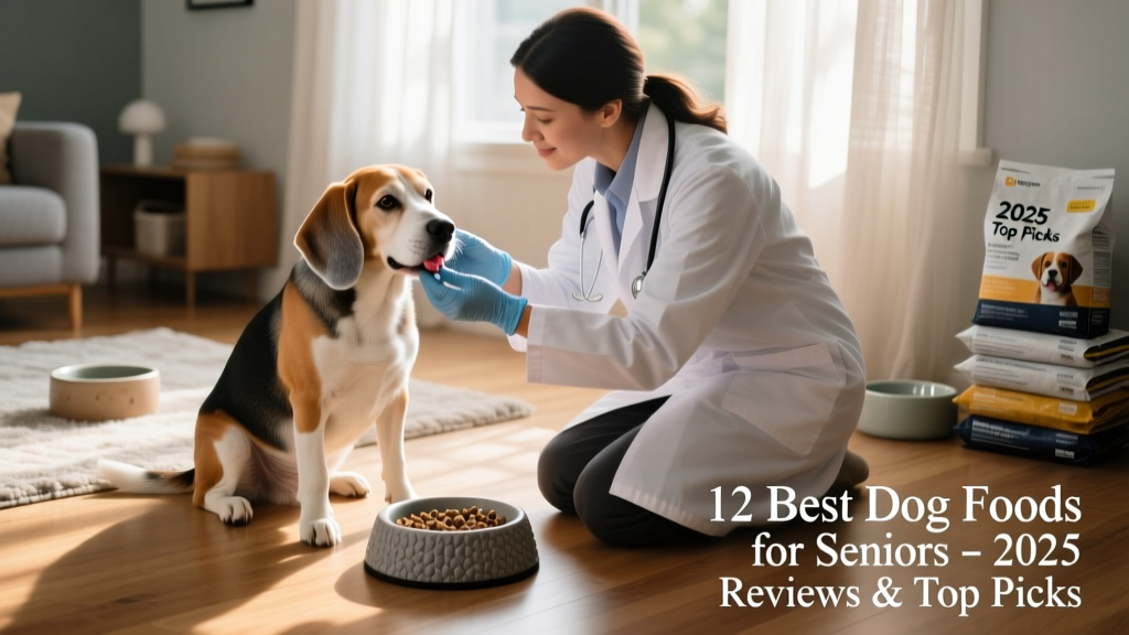 Senior beagle eating from a slow-feed bowl, with a veterinarian gently checking his gums and teeth during a wellness exam
