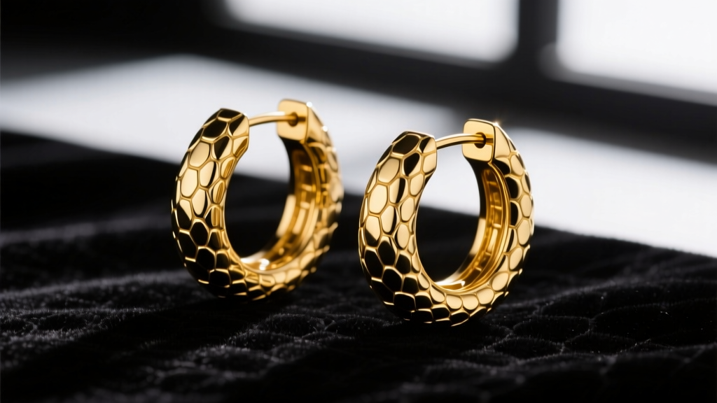 Close-up of 18k yellow gold crocodile scale textured huggie earrings on dark velvet, dramatic studio lighting highlighting scales.