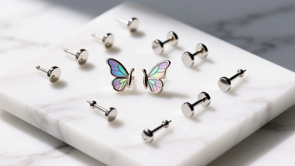 Overhead flat lay of earring posts on white marble, showing 20-gauge butterfly backs and 16-gauge flat back titanium labret studs.