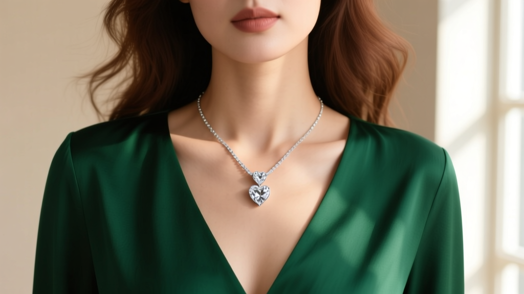 Close-up of a woman wearing a delicate silver double heart necklace with a cubic zirconia accent, paired with a deep V-neck blouse