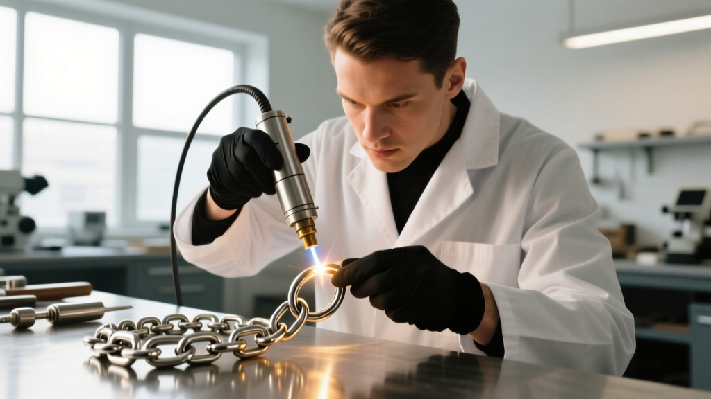 Jeweler using a laser welder to attach a heavy-duty stainless steel lobster clasp to a thick 4mm Cuban link chain jump ring
