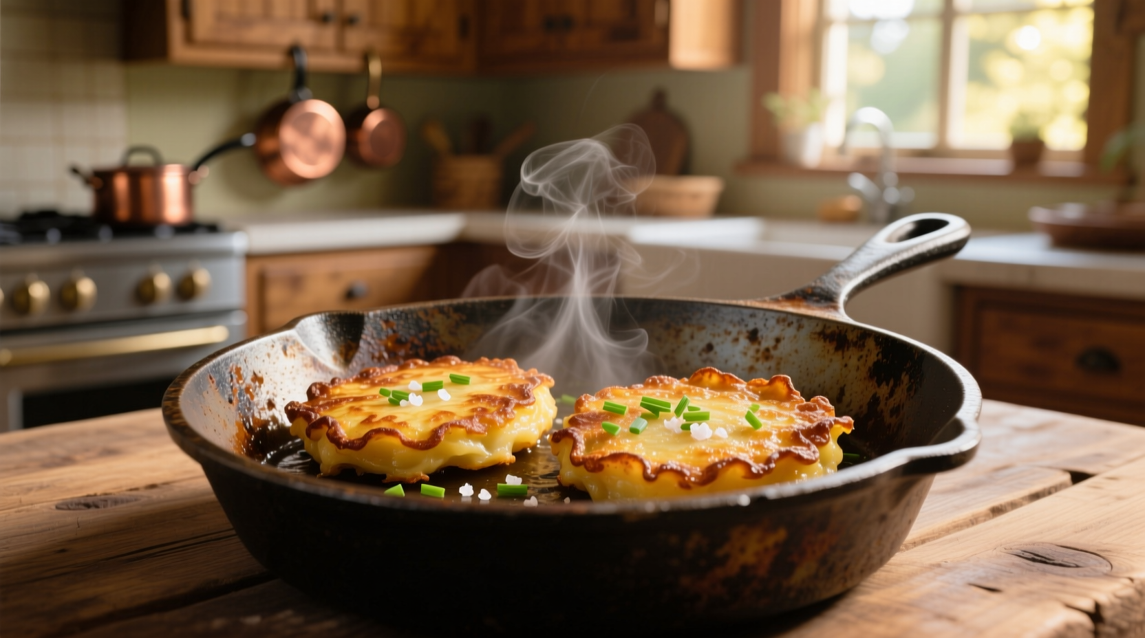 golden brown potato cakes sizzling in cast iron skillet