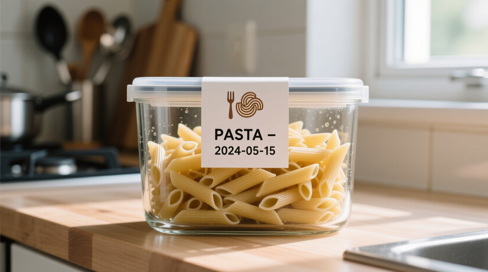 Properly stored cooked pasta in glass container with label