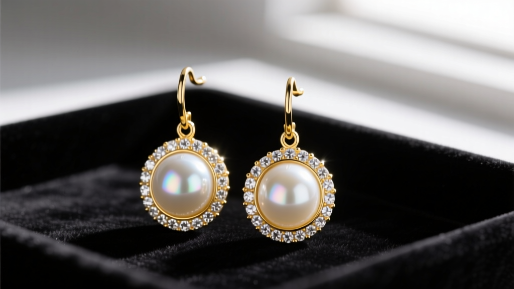 Close-up of 18k yellow gold drop earrings with lustrous white Akoya pearls surrounded by a pave diamond halo on a dark velvet tray.
