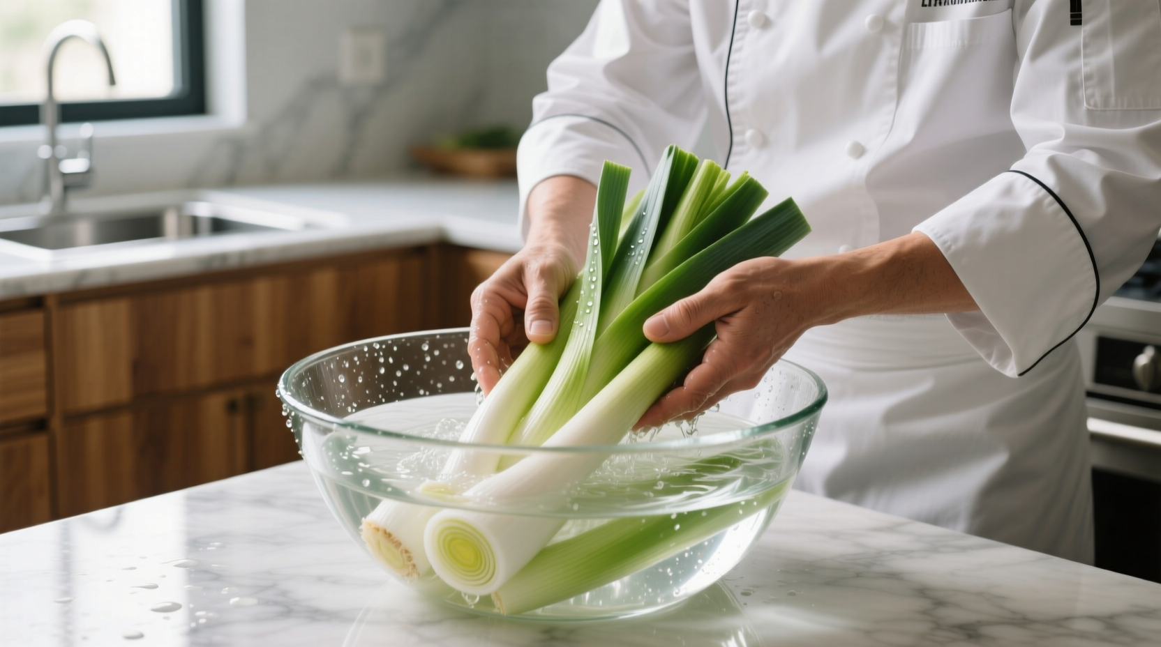 Chef washing sliced leeks in a large bowl of water