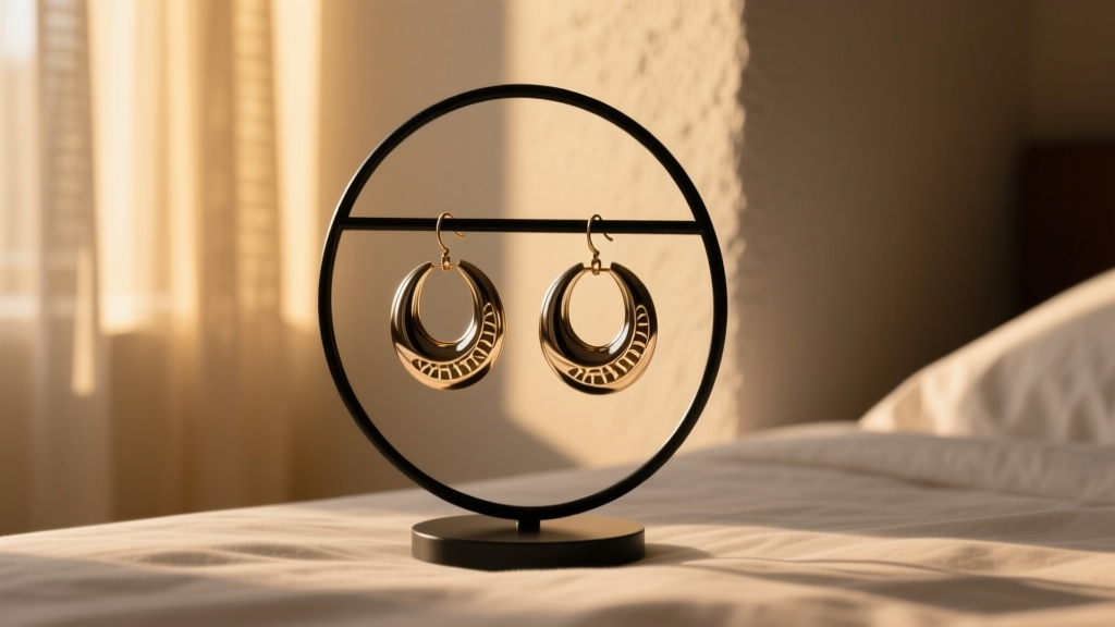 Black metal wire hoop earring stand holding large hoops, lit by warm bedroom light against a neutral matte plaster wall backdrop