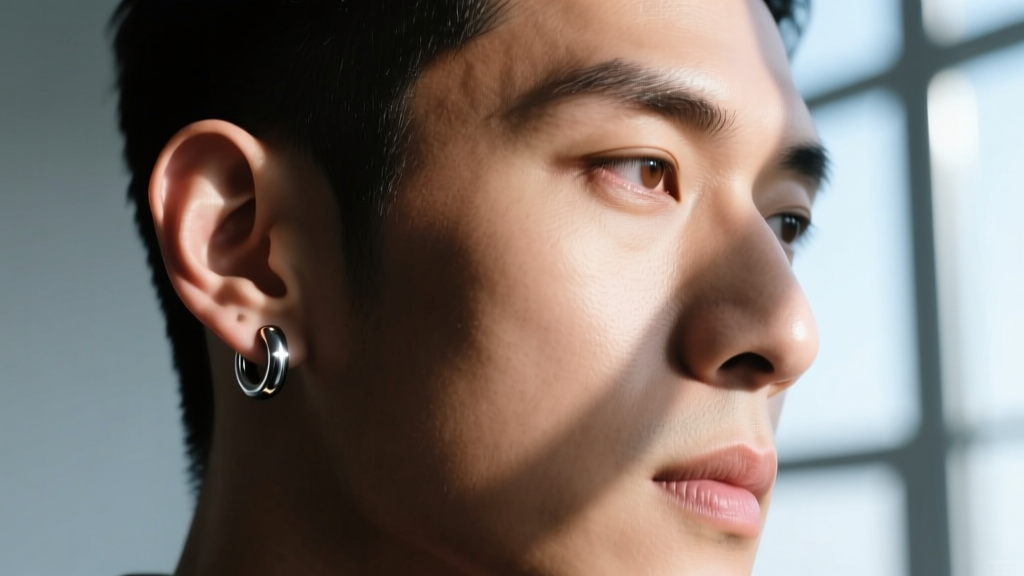 Close-up of a man with a single 14-gauge titanium barbell in his left earlobe, dramatic side lighting, sharp focus on the metal.