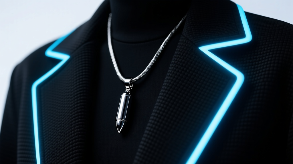 Dark PVD titanium bullet pendant on a snake chain, resting on a black techwear jacket lit by subtle neon blue light.
