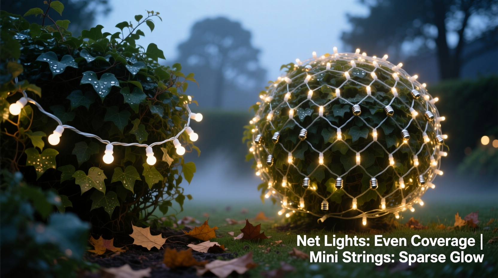 mini string lights vs net lights which covers bushes more evenly