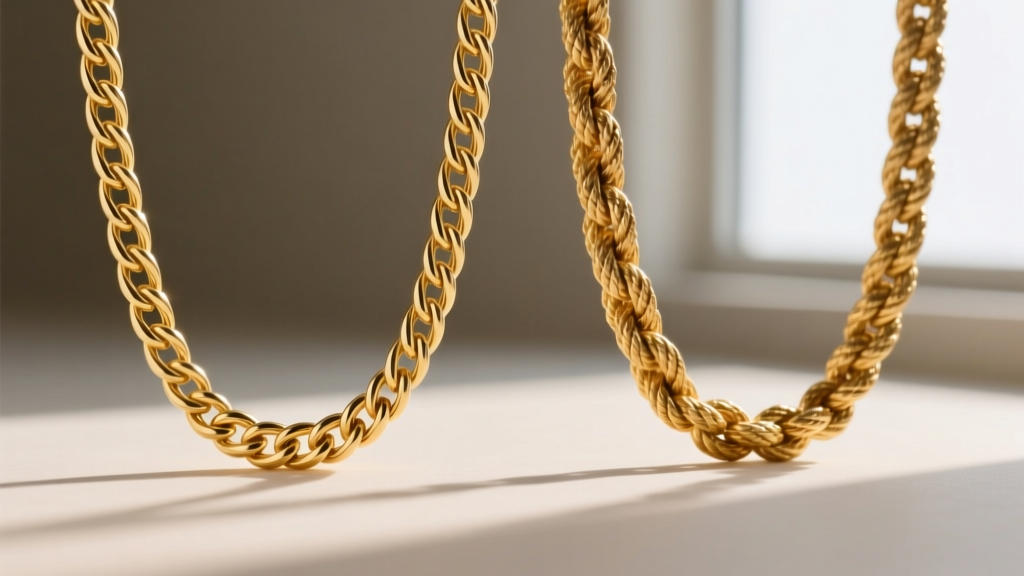 Close-up of a delicate 18k gold cable chain next to a 10k gold rope chain, showing link thickness and subtle color variations.