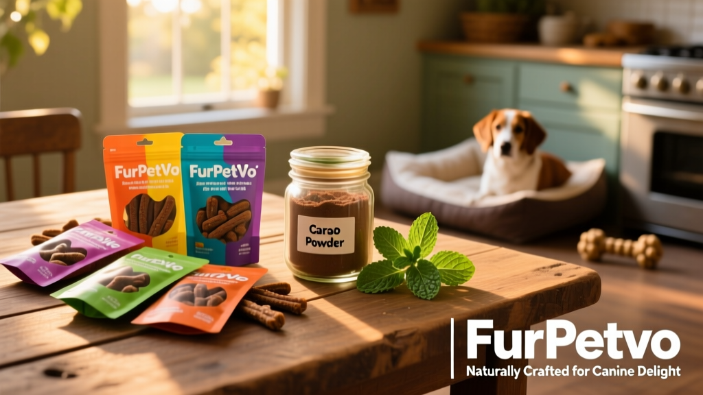 Assortment of FurPetVo dog treats in colorful packaging beside a jar of carob powder and fresh mint leaves