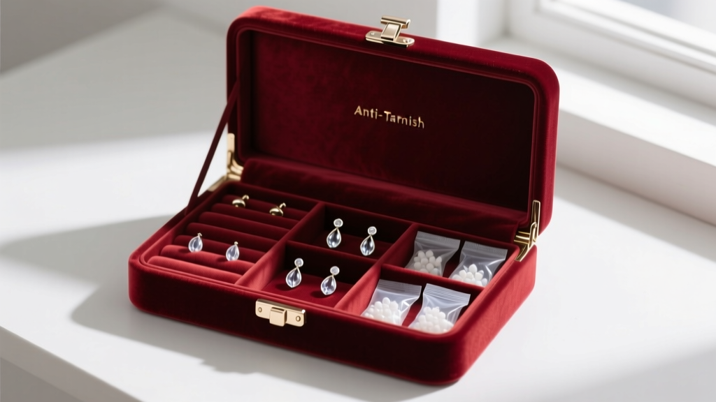 Open anti-tarnish jewelry box with velvet pouches and silica gel packets, showcasing proper earring storage and preservation.