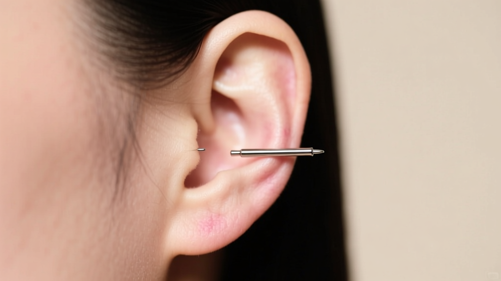 Side profile of a healing ear piercing showing appropriate post length accommodating minor swelling without pressing skin
