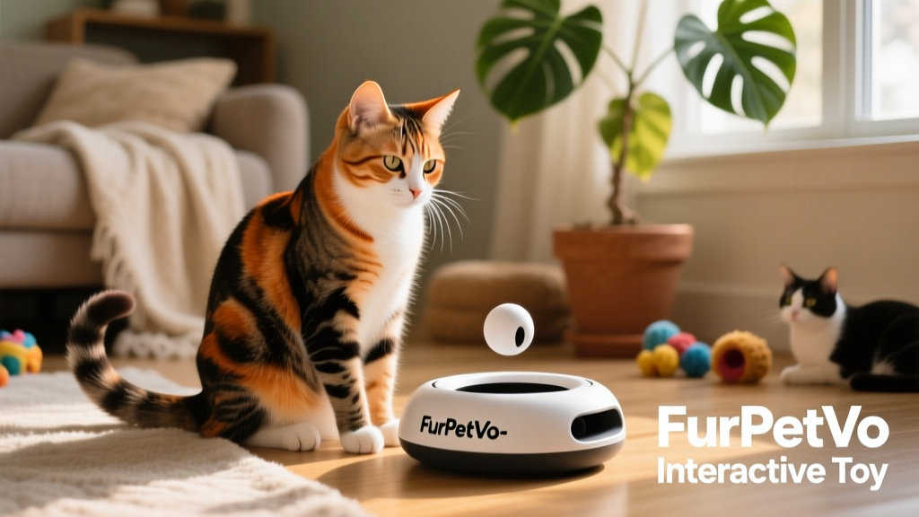 Calico cat sitting calmly beside a FurPetVo-branded interactive toy, looking relaxed and engaged