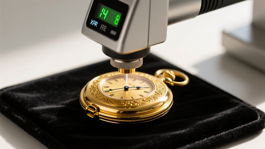 Close-up of a digital XRF spectrometer analyzing a vintage 14k yellow gold pocket watch case on a black velvet appraisal mat.