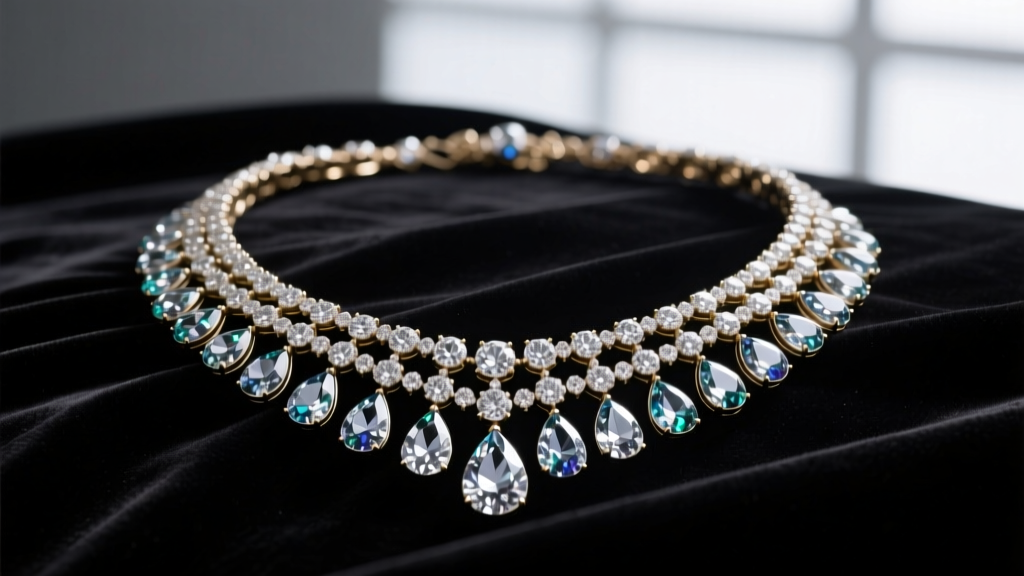 Detailed painting of an extravagant 18th-century diamond necklace with cascading pear-shaped gems resting on dark velvet