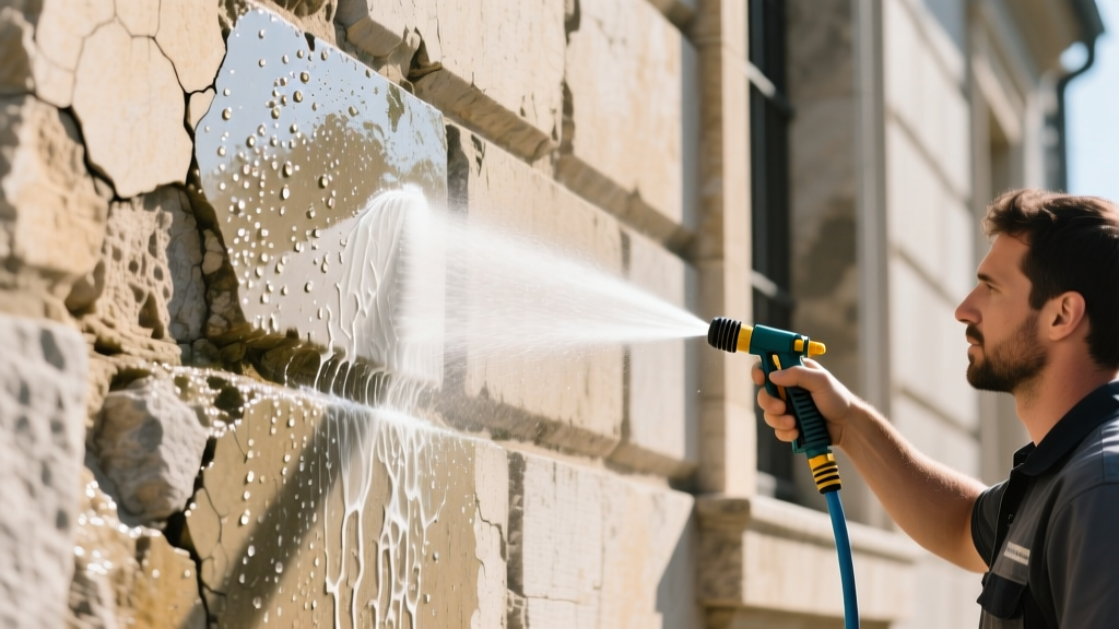 Weathered limestone exterior wall being gently cleaned with a low-pressure sprayer and pH-neutral stone detergent in bright daylight