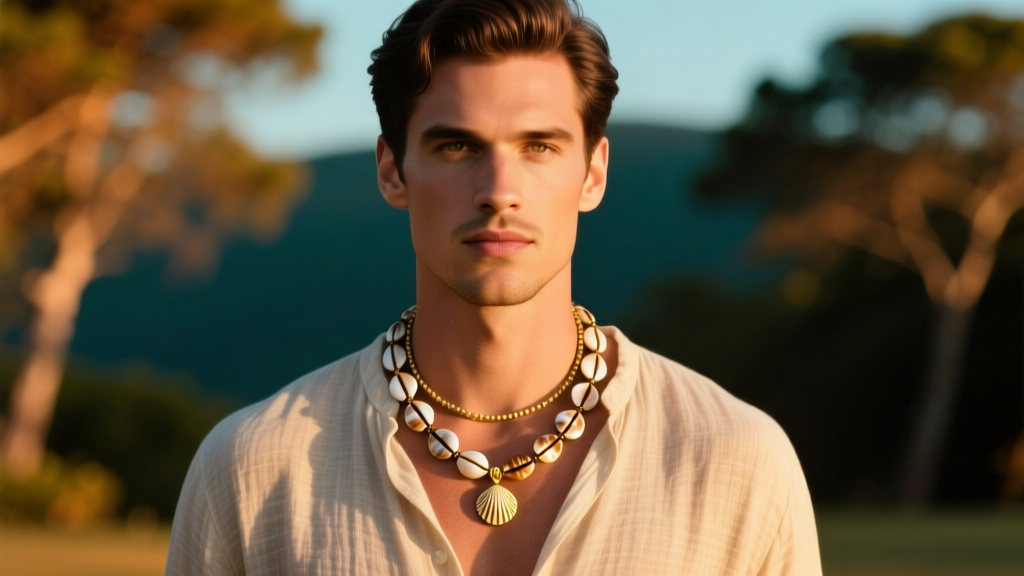 Man wearing a layered authentic puka shell necklace with a small gold pendant outdoors during golden hour with soft background bokeh