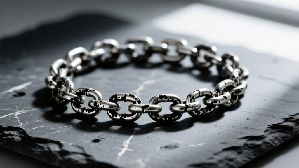 Macro shot of a tarnished sterling silver chain on slate, showing black oxidation marks and light scratches under side lighting