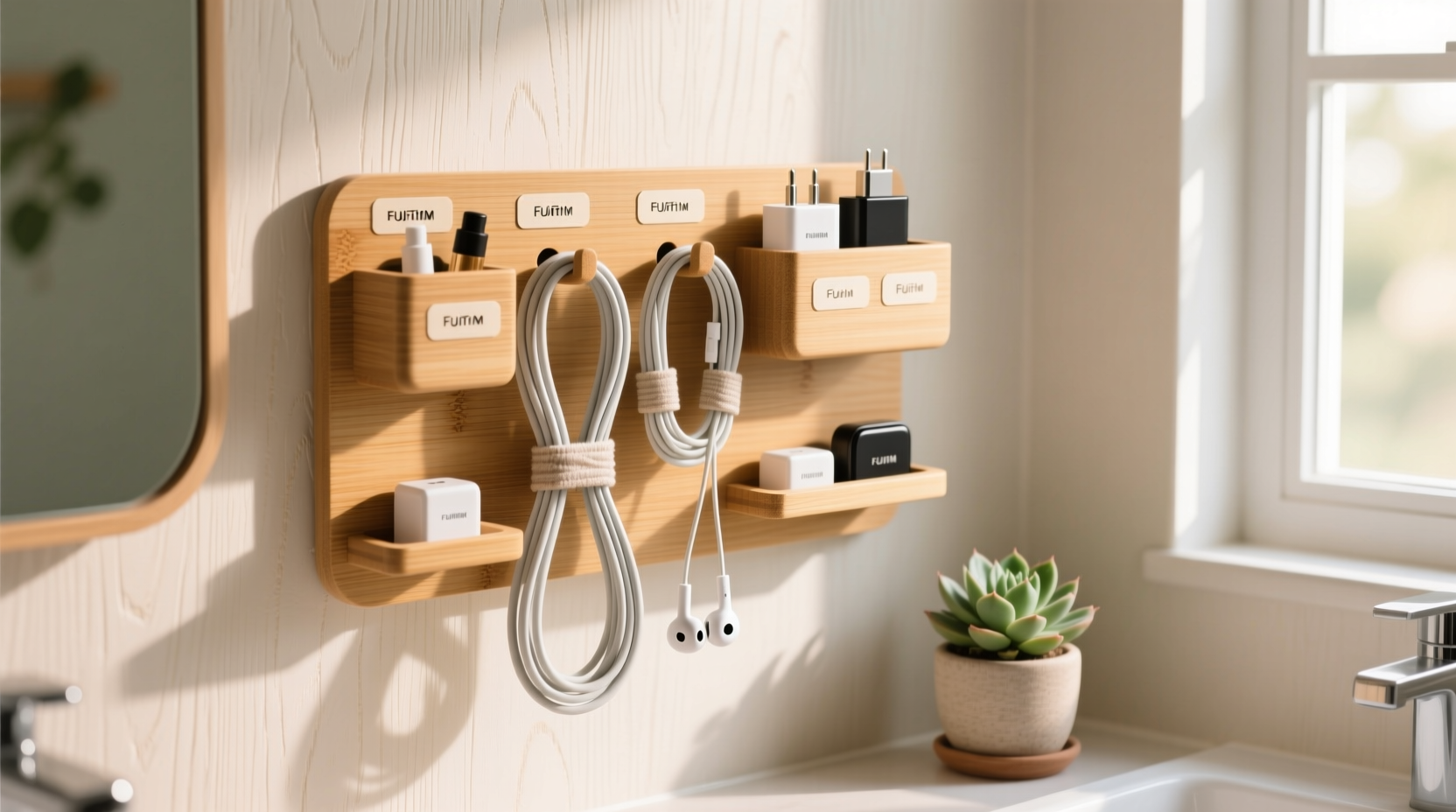 keep cords and gadgets organized in a hanging toiletrie
