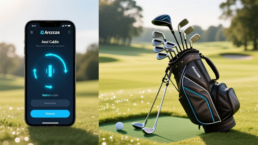 Split screen showing a smartphone displaying Arccos Caddie app pairing screen next to a golf bag with 14 clubs on a sunny practice tee