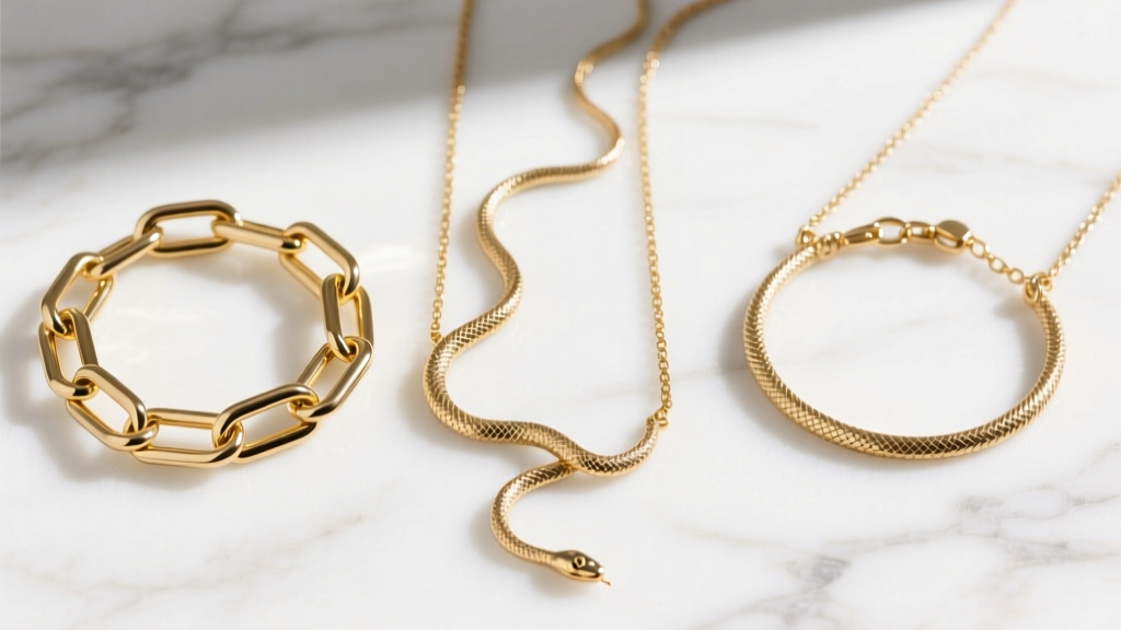 Flat lay of three Jenny Bird gold chain necklaces, featuring a thick paperclip link and delicate cobra chain, on white marble.