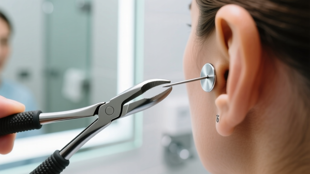 Rubber-tipped hemostats gripping the flat back disc of a stuck 16-gauge ear piercing, set against a bright, clean bathroom mirror