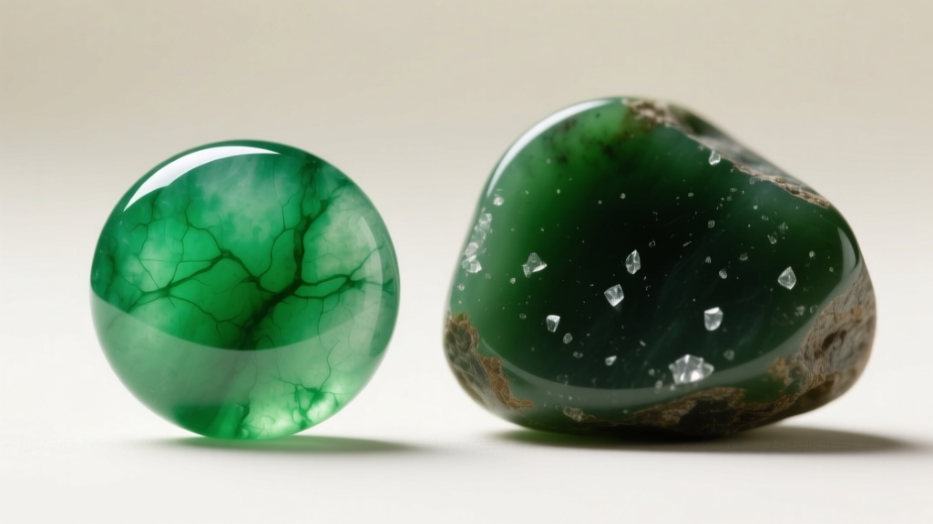 Vivid green jadeite cabochon beside deep spinach green nephrite, highlighting distinct textures under macro jewelry lighting.